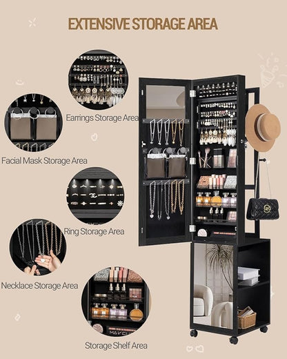 Hzuaneri 8 LEDs Jewelry Cabinet Armoire, 66.9-inch Jewelry Organizer | Lockable Full-length Mirror with Garment Rack & 4 Wheels, Storage Shelves with Hooks, 5-in-1, Black JC17004B