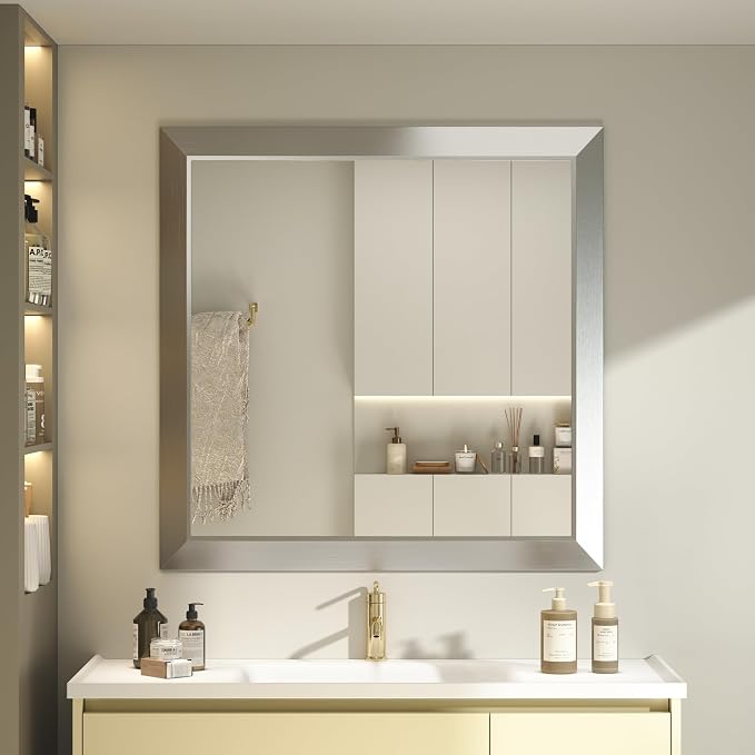 SMIROR 30x30 Brushed Silver Bathroom Vanity Mirror for Over Sink | Metal Wide Frame, Rectangle, Right- Angle Corner, Anti-Rust, Horizontally or Vertically Wall- Mounted for Home Remodel