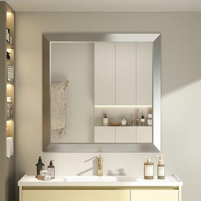 SMIROR 30x30 Brushed Silver Bathroom Vanity Mirror for Over Sink | Metal Wide Frame, Rectangle, Right- Angle Corner, Anti-Rust, Horizontally or Vertically Wall- Mounted for Home Remodel