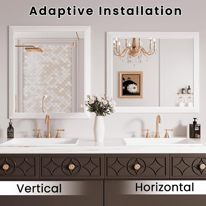 Bathroom Mirror for Wall, 44x36 Inch (White) | HD Reflection, Tempered Glass, Thick Metal Framed Rectangle Mirrors for Over Sink, Vanity, Bedroom, Living Room, Entryway.