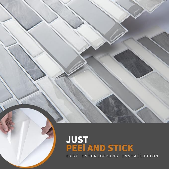 WOWSTAR 10-Sheet Peel and Stick Backsplash Tile for Kitchen Wall, Back Splash Stick On Tiles for Kitchen (12"x 12", Gray) | Peel and stick backsplash, self-adhesive wall tile, Gray, waterproof, kitchen bathroom wall, 10-sheet