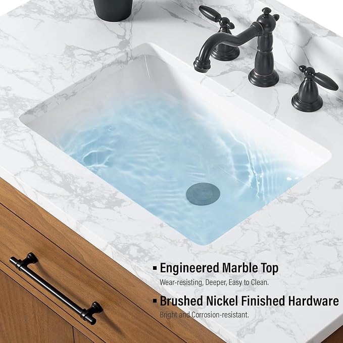 Vanity Art Modern Bathroom Cabinet with Carrara Marble Top, 36 inch Tan Wood Cabinet, Single Sink, Soft Closing Doors, Removable Shelf, VA7036E