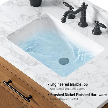Vanity Art Modern Bathroom Cabinet with Carrara Marble Top, 36 inch Tan Wood Cabinet, Single Sink, Soft Closing Doors, Removable Shelf, VA7036E