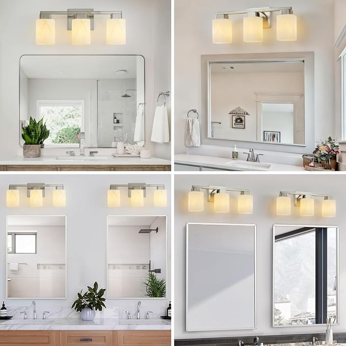 3-Light Square Bathroom Light Fixture, Brushed Nickel Modern Vanity Light with White Marble Glass Shade, for Bathroom Mirror, Living Room, Bedroom, Hallway, E26 Base