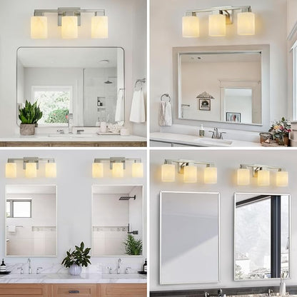 3-Light Square Bathroom Light Fixture, Brushed Nickel Modern Vanity Light with White Marble Glass Shade, for Bathroom Mirror, Living Room, Bedroom, Hallway, E26 Base