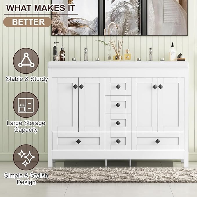 48" Bathroom Vanities with Sink Combo, Modern Double Bathroom Vanity with 4 Doors & 5 Drawers, Freestanding White Bathroom Cabinet with Double Ceramic Sink, White