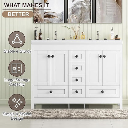 48" Bathroom Vanities with Sink Combo, Modern Double Bathroom Vanity with 4 Doors & 5 Drawers, Freestanding White Bathroom Cabinet with Double Ceramic Sink, White