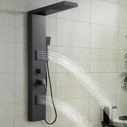 ROVOGO Shower Panel Tower System with High Pressure Shower Head, Body Jets, Handheld and Tub Spout, 46.5"H x 7.8"W Shower Column Stainless Steel with Mixer Valve, Black