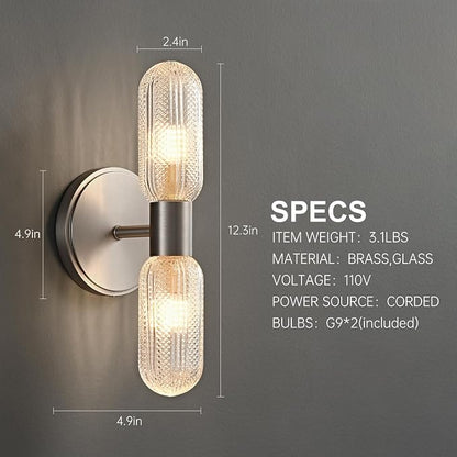 Brushed Nickel Wall Sconces 12.3in Knurled Glass Wall Light, Brass Material | 2-Light Wall Lights for Bathroom Bedroom Hallway Bathroom Vanity Mirror Entrance, Hardwired, bulb included