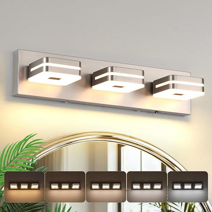 3 Light Bathroom Vanity Light, Brushed Nickel Vanity Light Fixture Over Mirror, Dimmable 5CCT LED, Modern Wall Sconce for Bathroom, Farmhouse Vanity Lights for Mirror, Indoor Use