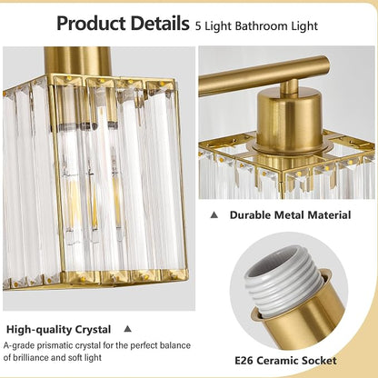 5 Light Bathroom Light Fixtures, Modern Crystal Vanity Lights over Mirror | Metal Frame, Bathroom Light with Square Crystal Shade, ETL Certified, E26 Ceramic Socket, Bulbs Not Included