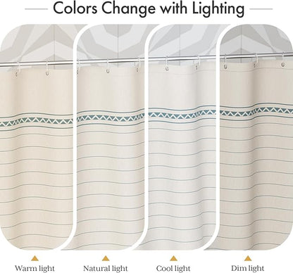 AmazerBath Farmhouse Shower Curtains for Bathroom, Boho Shower Curtain Set with Tassels, Rustic Faux Linen Blue Striped Neutral Shower Curtain with Hooks, Light Tan Toned, 72x72 Inches