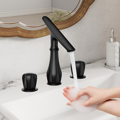 Black Bathroom Faucet 3 Hole, 8 inch Widespread Bathroom Sink Faucet with Adjustable Spout, Solid Brass Modern Faucet for Bathroom Sink with Supply Hoses and 2 Handles