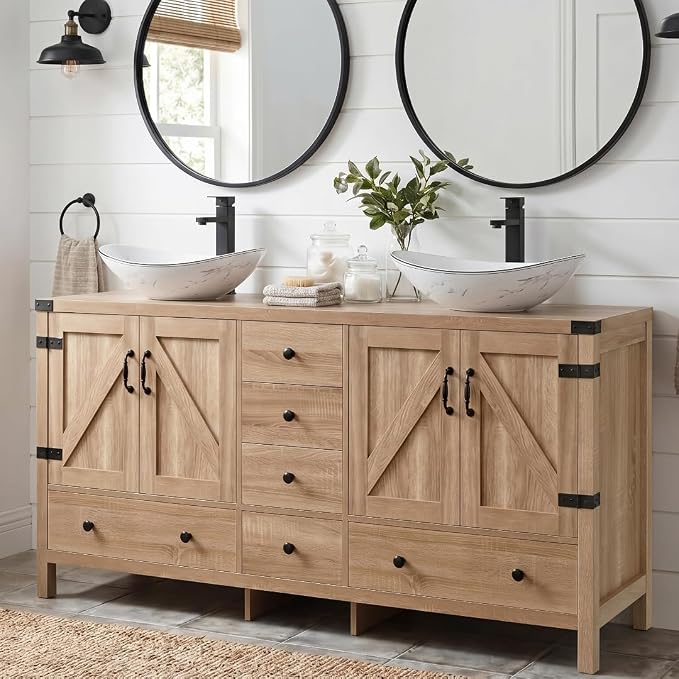 60 inch Natural Color Bathroom Vanity, Rustic Fixture Standing Pedestal Cabinet with Two White Ceramic Boat Sinks