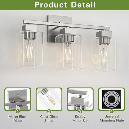 Espird Brush Nickel Bathroom Vanity Light - 3 Light Bathroom Light Fixture Square Design & UL Certification & Square Bath Room Lights Fixture Over Mirror