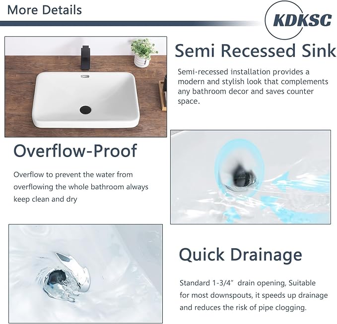 Bathroom Vessel Sink 23.2" X 15.5" Semi Recessed Bathroom Sink Rectangular Drop In Bathroom Sinks with Overflow White Ceramic Vessel Sinks for Bathroom Modern Above Counter Basin Vanity Sink