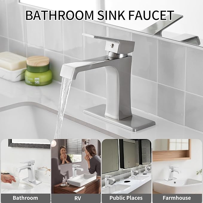 Waterfall Bathroom Faucet Brushed Nickel Bathroom Sink Faucet, Modern Single Hole Bathroom Faucet, Single Handle RV Sink Vanity Faucet—Includes Pop-Up Drain, Suitable for 1-Hole or 3-Hole