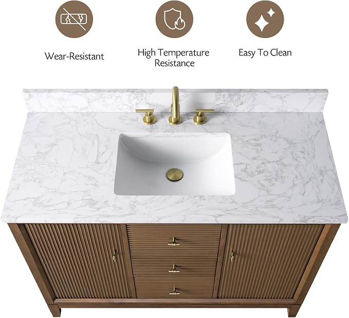 Vanity Art 48" Bathroom Vanity with Single Sink & Arabescato White Engineered Stone Top, Vanity Cabinet with Soft Closing Door, Solid Wood Frame, Golden Brushed Handles, Walnut VA8148-Walnut-GB