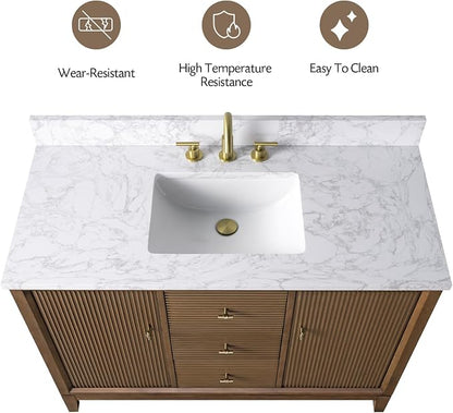Vanity Art 48" Bathroom Vanity with Single Sink & Arabescato White Engineered Stone Top, Vanity Cabinet with Soft Closing Door, Solid Wood Frame, Golden Brushed Handles, Walnut VA8148-Walnut-GB