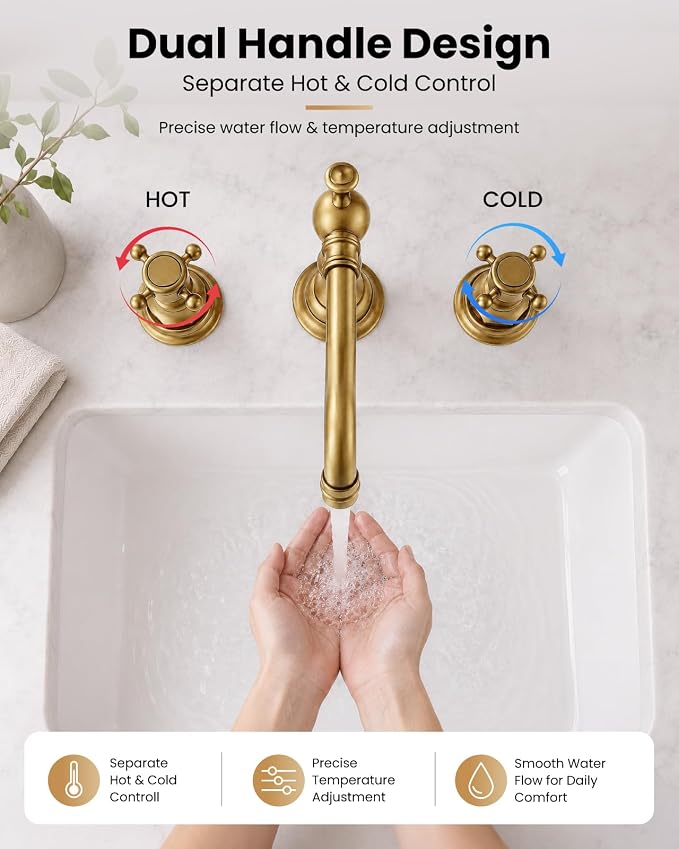 gotonovo 3 Hole 8’’ Widespread Bathroom Sink Faucet Antique Brass | Vintage Bathroom Faucet,2 Cross Handle,6-16’’ Sink,Vanity,Basin,RV,Farmhouse,SUS304,24’’ cUPC Hose Pop Up Drain,Deck Mount