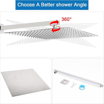 Shower Head with Extension Arm, High Pressure Square with ShowerArm, Stainless Steel Rainfall-Waterfall Full Body Coverage (16'' Shower with 20'' Arm, Chrome)