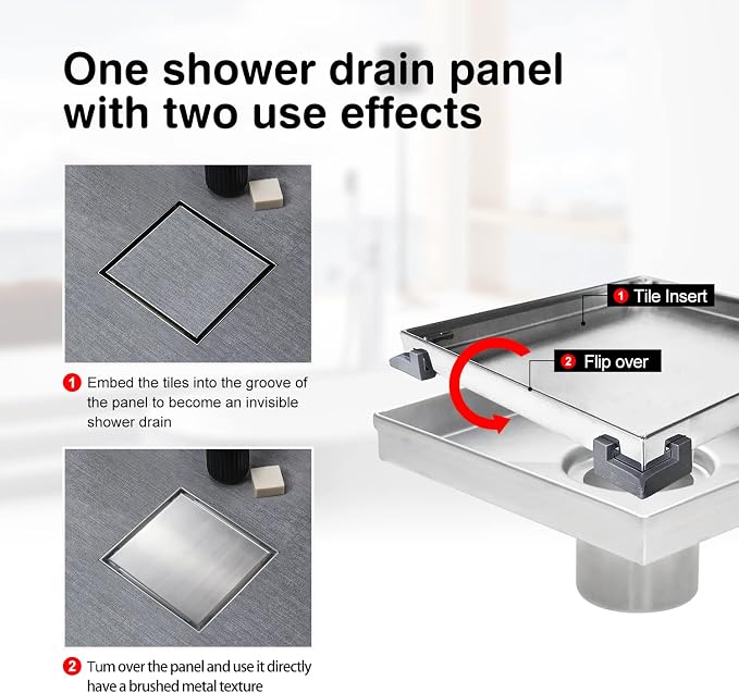 SaniteModar Shower Drain 4 inch Brushed with 2 in1 Tile Insert Cover | 304 Stainless Steel Brushed Square Shower Drain with Hair Catcher and Threaded Adapter
