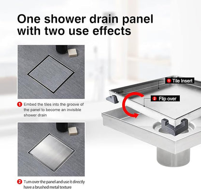 SaniteModar Shower Drain 4 inch Brushed with 2 in1 Tile Insert Cover | 304 Stainless Steel Brushed Square Shower Drain with Hair Catcher and Threaded Adapter