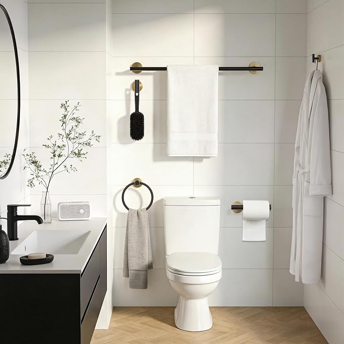 5-Piece Black Gold Bathroom Hardware Set, SUS304 Stainless Steel Wall Mounted Bathroom Accessories, 24 Inch Towel Bar, Towel Ring, Toilet Paper Holder, 2 Hooks, Rustproof Modern Bathroom Fixtures