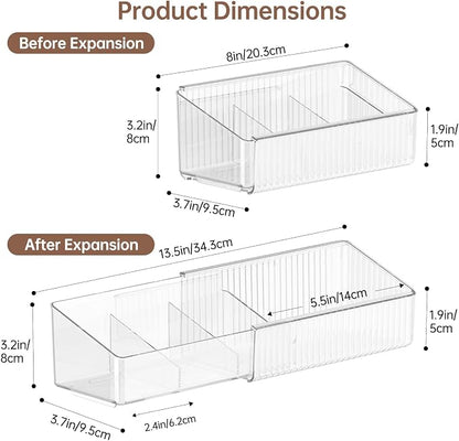 Expandable Medicine Cabinet Organizer for Bathroom, 2 Pack | 8-13.5" Adjustable, 4-Compartment Makeup Tray, Clear View, Non-Slip, Raised Edges, Narrow, Fits Vanity/Countertop/Drawer