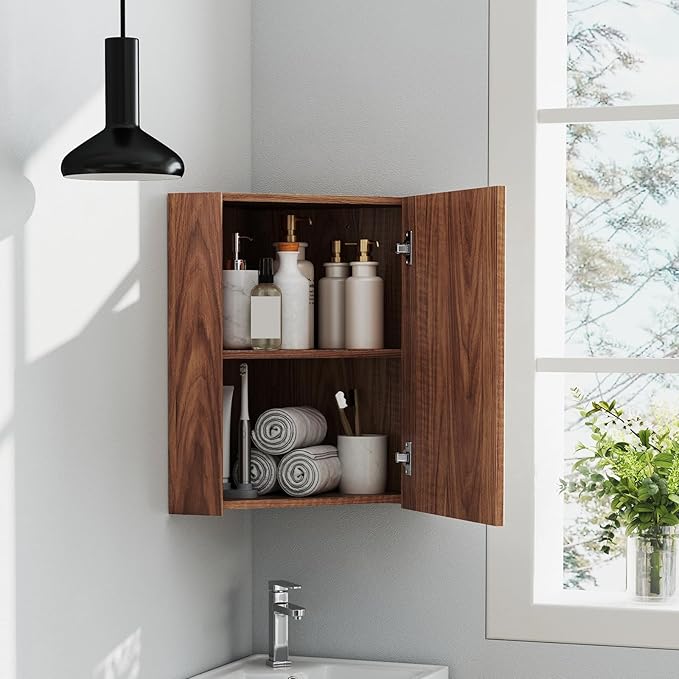 Giantex Corner Medicine Cabinet, 23.5” Over The Toilet Storage Cabinet with Mirror Door, Adjustable Shelf, Clear Reflection, Space-Saving Mirrored Cabinet, Bathroom Wall Cabinet for Entryway, Brown