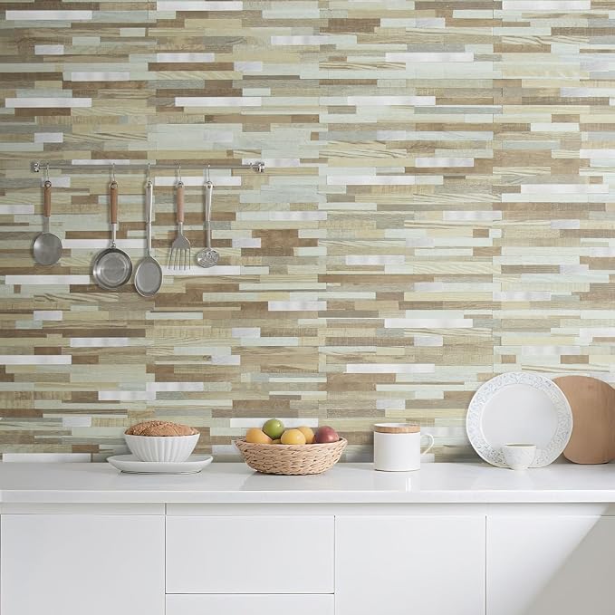 AULIGET 20 Sheets Beige & Brown Wood Peel and Stick Backsplash, PVC Mixed Metal Silver Wall Tile Stick on Backsplash for Kitchen and Bathroom