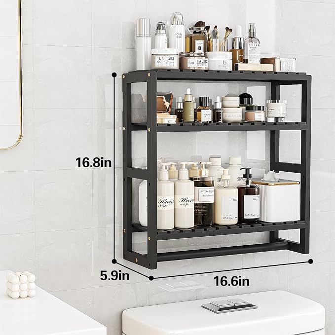 Galood Over The Toilet Storage Bathroom Shelves Wall Mounted Black Sets | 3 Tier Space Saver Corner Shelf Organizer Bamboo Towel Rack Toilet Paper Cabinet with Hanging Rod