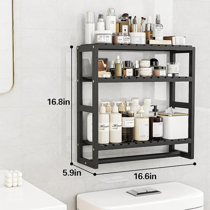 Galood Over The Toilet Storage Bathroom Shelves Wall Mounted Black Sets | 3 Tier Space Saver Corner Shelf Organizer Bamboo Towel Rack Toilet Paper Cabinet with Hanging Rod