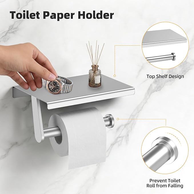 Brushed Nickel 5-Piece Bathroom Hardware Set, 23.6 Inch Towel Bar Set SUS304 Stainless Steel Towel Racks Round Towel Bar, Towel Ring, Toilet Paper Holder, 2 Robe Hooks, Wall Mounted