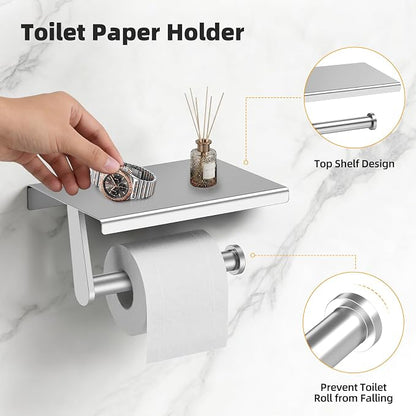 Brushed Nickel 5-Piece Bathroom Hardware Set, 23.6 Inch Towel Bar Set SUS304 Stainless Steel Towel Racks Round Towel Bar, Towel Ring, Toilet Paper Holder, 2 Robe Hooks, Wall Mounted