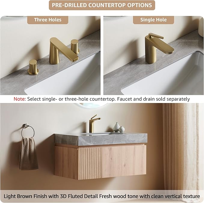 30” Floating Bathroom Vanity with Sink, Wall-Mounted Cabinet with Drawer & Doors, Gray Travertine-Pattern Sintered Stone Top, Undermount Basin, Single Faucet Hole, Soft-Close, Pre-Assembled, Light Oak