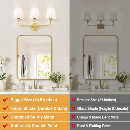 Bathroom Light Fixtures, 3-Light Brushed Gold Vanity Lights, Bathroom Lighting Fixtures Over Mirror with Flared White Fabric Shade, Modern Wall Sconces for Living Room Hallway