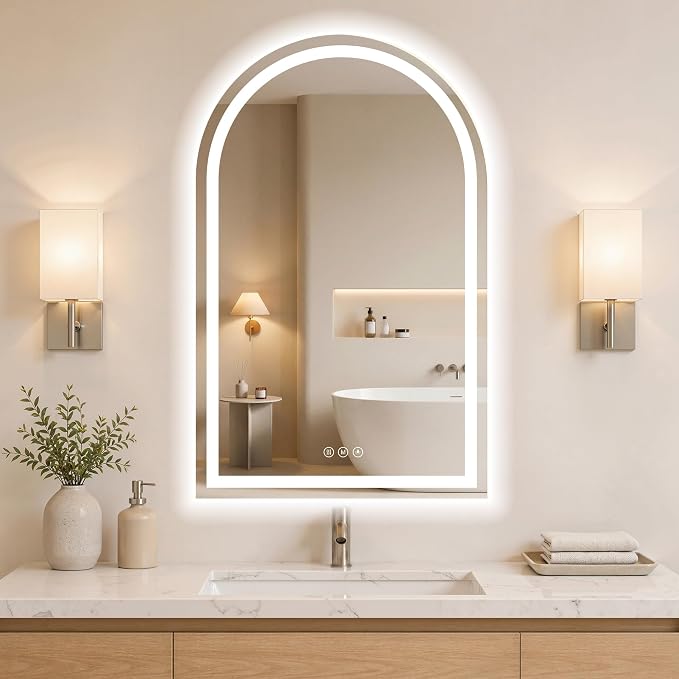 Arched LED Bathroom Mirrors with Lights 22"x36", Anti-Fog, Dimmable, Shatterproof, Touch Sensor
