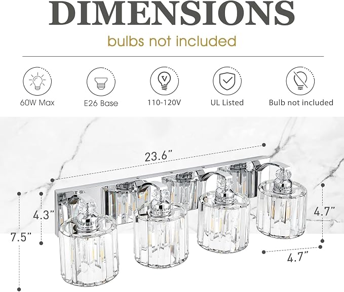 4-Light Modern Bathroom Light Fixture Chrome Vanity Lights Over Mirror Wall Sconce Lighting with K9 Crystal Shades Bathroom Wall Lamp E26 Base for Bedroom, Living Room, Hallway, Cabinet