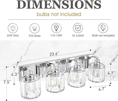 4-Light Modern Bathroom Light Fixture Chrome Vanity Lights Over Mirror Wall Sconce Lighting with K9 Crystal Shades Bathroom Wall Lamp E26 Base for Bedroom, Living Room, Hallway, Cabinet