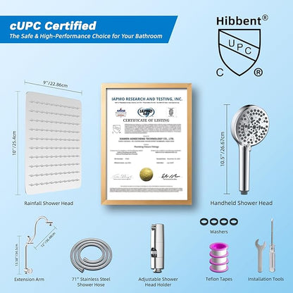Hibbent High Pressue All Metal 10" Rainfall Shower Head, Handheld 10-Spray | cUPC Certified Chrome Dual Showerhead Combo, 4-way Diverter with Pause Mode, Brass Extension Arm, 71'' Shower Hose & Holder