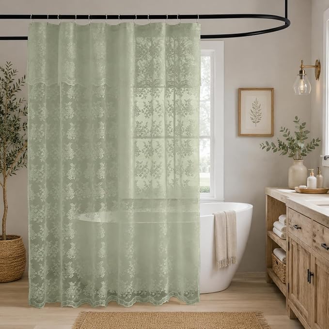 TUDECO Sage Green Shower Curtain with Attached Valance, 72 x 72, 1 Panel | Delicate Lace, Rustic Green Floral, Farmhouse Bathroom Decor, Brightens Space, Gentle Privacy, Scalloped Edges