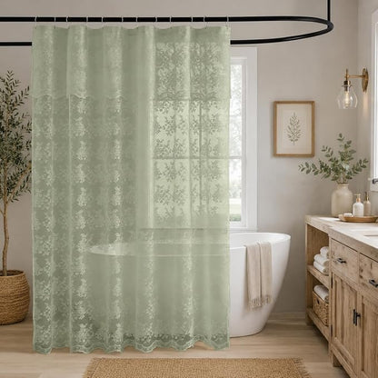 TUDECO Sage Green Shower Curtain with Attached Valance, 72 x 72, 1 Panel | Delicate Lace, Rustic Green Floral, Farmhouse Bathroom Decor, Brightens Space, Gentle Privacy, Scalloped Edges