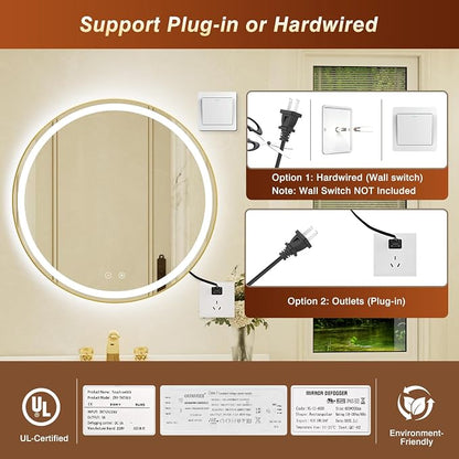 30 Inch Round Gold Framed LED Bathroom Mirror with Lights,Wall-Mounted Lighted Bathroom with 3 Colors Brightness,Anti-Fog,Dimmable Brightness, Waterproof, Tempered Glass, Frontlit & Backlit