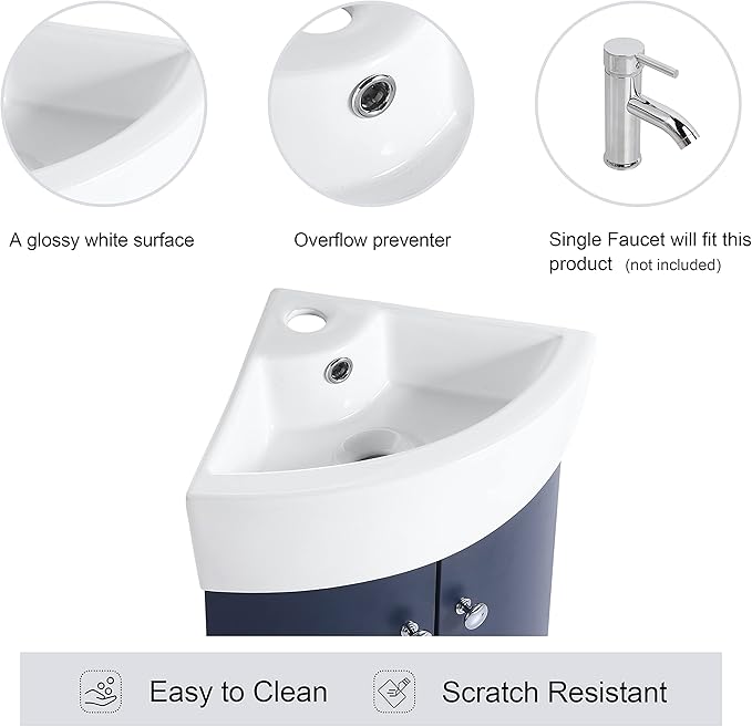 Malwee 13 Inch Wall-Hung Vanity, Corner Vanity, 13'' Floating Bathroom Vanity with Sink, with 1 Door and White Ceramic Basin Sink Top (053-13)