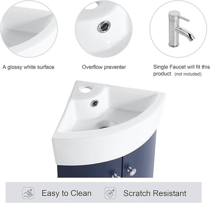 Malwee 13 Inch Wall-Hung Vanity, Corner Vanity, 13'' Floating Bathroom Vanity with Sink, with 1 Door and White Ceramic Basin Sink Top (053-13)