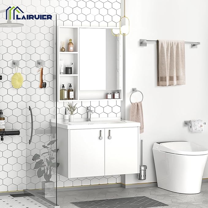 Lairuier 5-Piece Brushed Nickel Bathroom Hardware Set, Bathroom Accessories Set with Towel Bar, Toilet Paper Holder and 2 Towel Hooks SUS304 Stainless Steel Towel Bar Set Wall Mounted