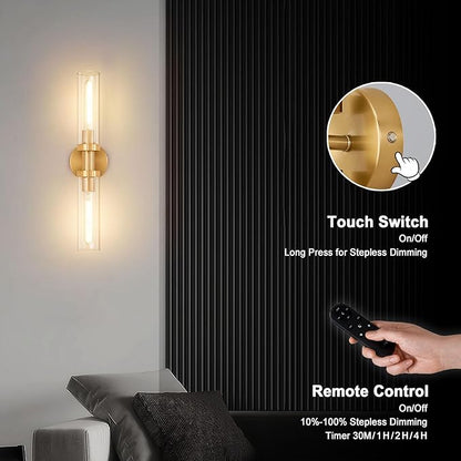 Gold Battery Operated Wall Sconce Set of 2, 12000mAh Rechargeable Wall Lights with Remote Control, Wireless Dimmable Wall Lamps for Bedroom Living Room Bathroom Hallway Stairwell
