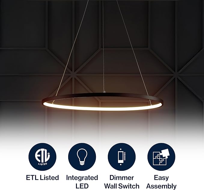 JONATHAN Y 23.75" Matte Black Modern Integrated LED Pendant Light, Dimmable Round Hoop Chandelier for Kitchen Island, Dining Room, Adjustable Height Metal Hanging Light (JYL7203A)