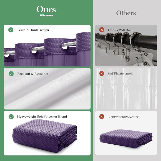 Purple Hook Free Waffle Shower Curtain & Snap Fabric Liner,72x99 | Less Time to install, 3 in 1 Fabric Shower Curtain and Liner Set with Magnets, Extra Long, Shower Curtains for Bathroom